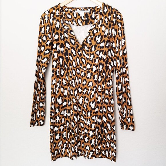 DVF Diane von Furstenberg Reina Long Sleeve Silk Blend Tunic Dress 2 Leopard - Picture 2 of 13